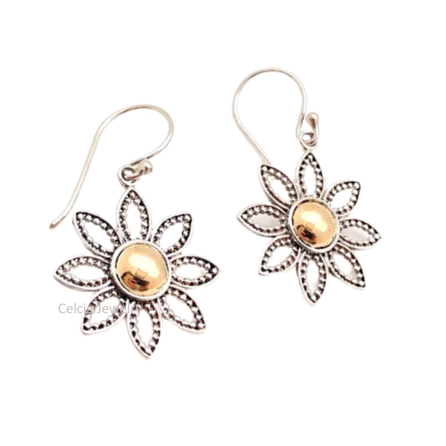 Pendientes de lágrima colgantes de flores de plata de ley 925 maciza para mujer, pendientes florales de bola de latón de dos tonos, pendientes de estilo Bali, joyería hecha a mano única