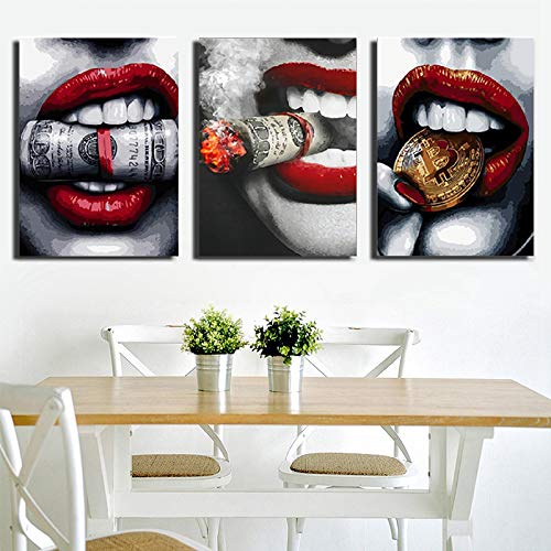 Serie de labios rojos: 【Lujo】-Núcleo de pintura en aerosol moderno a la moda, labios rojos sexys, estilo nórdico, decoración de habitación, pintura de pared, pintura de pared, juego de 3 (16 x 5