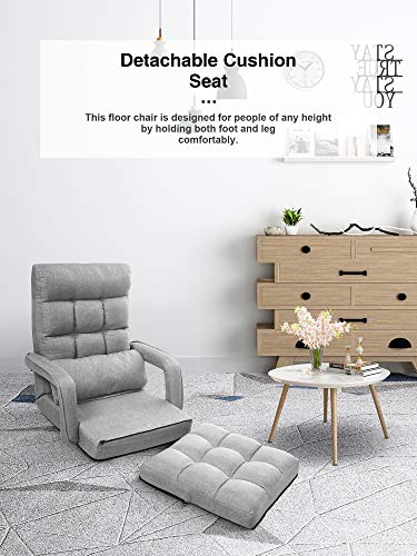 Kealive Floor Chair Indoor Adjustable 6-Position Chaise Lounge Folding Padded Gaming Chair Portable Lazy Sofa Lounger Bed with Armrests and a Massage Pillow (Gray)