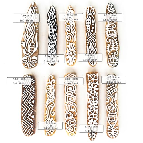Image of Hashcart Wooden Indian Traditional Design Printing Stamps / Blocks for Printing Saree Border / Dresses / Craft Card Making / Scrapbook / Clay Pottery (Set of 10)