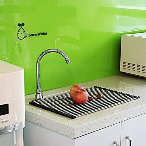 Roll Up Dish Drainer Rack L Size 18.5 X 15 - Foldable Over Sink Dish Rack with Silicone Wrapped Edge and 20 Heavy Duty Stainless Steel Pipes, Heat Resistant Mat Dish Drying Rack for Kitchen Cleanup