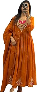 AayuKreationsWomen's Cotton Embroidered Anarkali Salwar Suit Set with Dupatta Set (Orange-XL) Price In India
