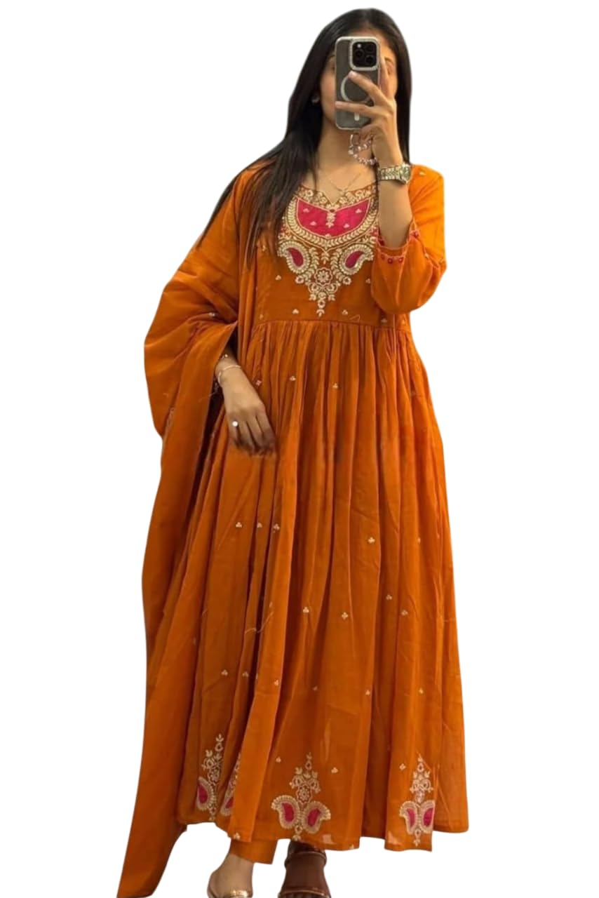 Vistora Global Women's Cotton Embroidered Anarkali Salwar Suit Set with Dupatta Set-picture-48
