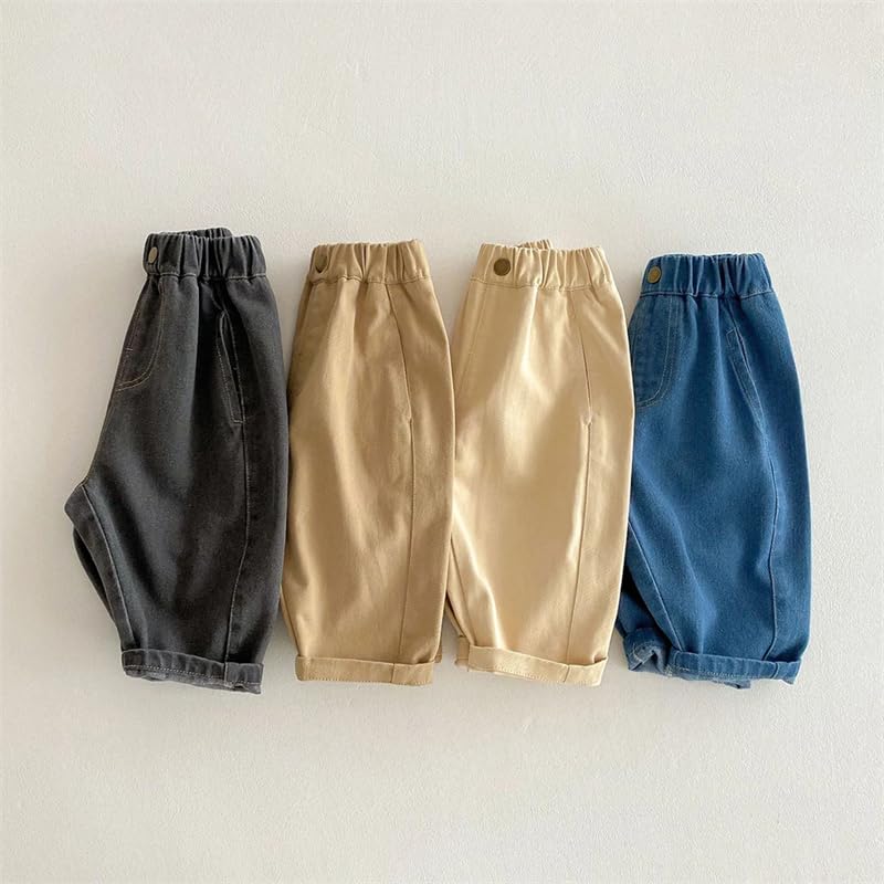 Kids Solid Denim Pants Boys Girls Vintage Casual Loose Trousers3