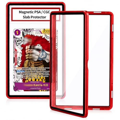Magnetic PSA/CGC Slab Protector, UV Blocking Tempered Glass Aluminum Graded Card Case for 35PT PSA CGC CSG AGS, Metal Bumper Display Guard with 9-Point Lock & Clear View (Red)