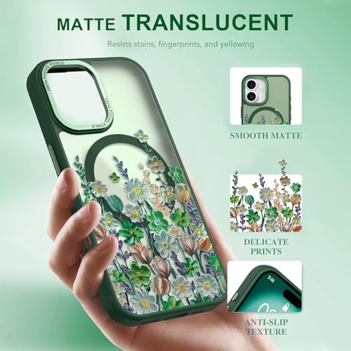 Image of Magnetic for iPhone 16 Case with for Women Girls, Green Floral | Pretty Oil Painting Flower Pattern Design [Compatible with MagSafe] Shockproof Slim Translucent Matte Non-Slip Cover