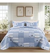ENJOHOS Blue Floral Quilt Set Queen Size, 3 Pieces Plaid Flower Queen Bedspread for All Seasons, ...