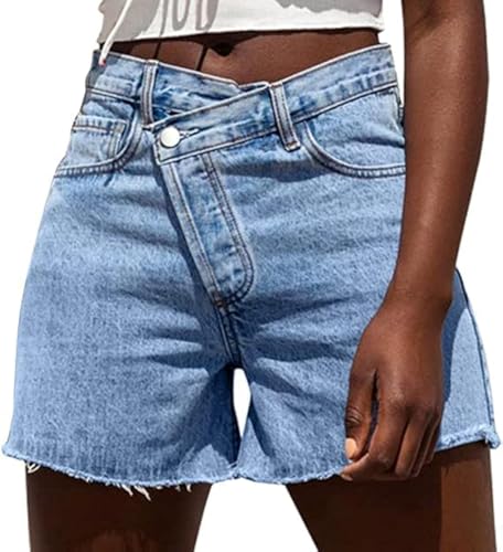 Genleck Women's Juniors Criss Crossover Jean Shorts High Waisted Stretchy Denim Shorts Casual Summer