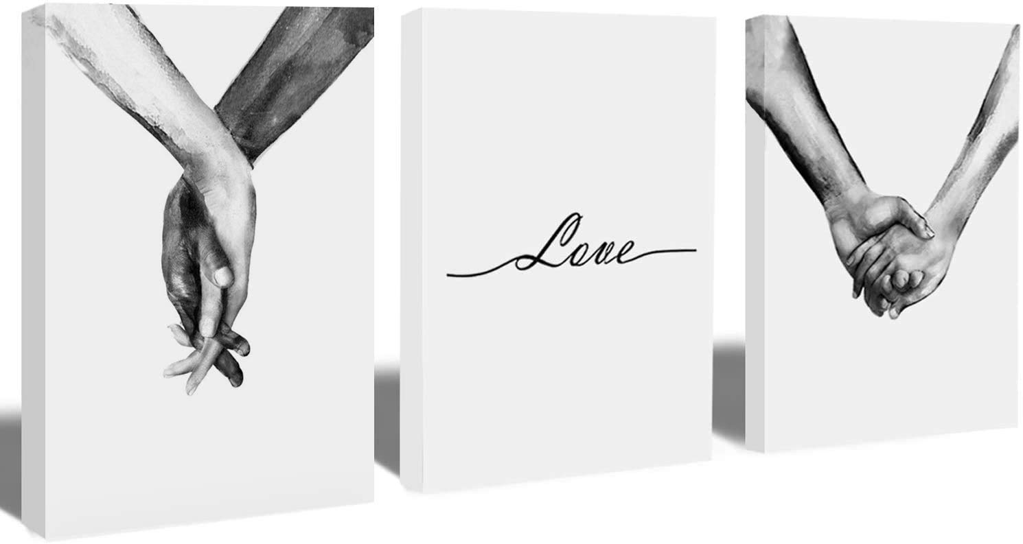 Gallery Wrapped Ready to Hang,Simplism Drawing Wall Art,Woman and Man "Hand in Hand" Canvas Print Poster,Love Character Black And White Artwork Decor Painting Pictures for Living Room Bedroom,16x24"