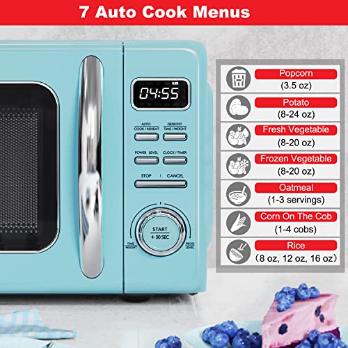Image of Galanz GLCMKZ11BER10 Retro Countertop Microwave Oven with Auto Cook & Reheat, Defrost, Quick Start Functions, Easy Clean with Glass Turntable, Pull Handle, 1.1 cu ft, Blue