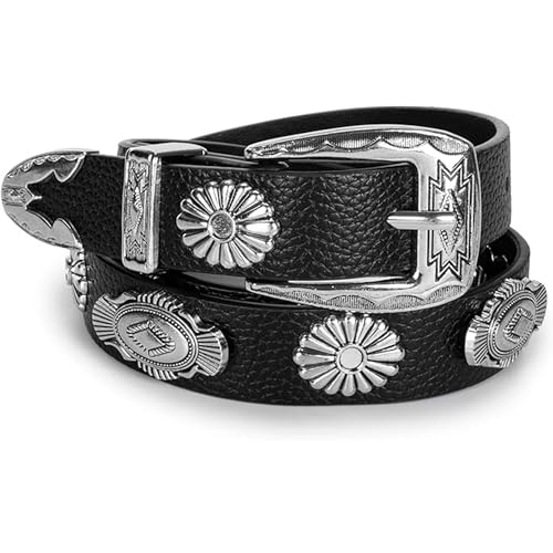IZUS Western Belt for Women Men Oval-Concho Cowgilr Belts Faux-Leather Waist-Strap for Jeans