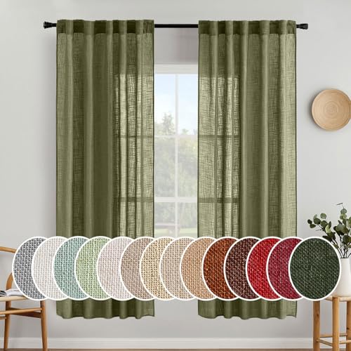 MIULEE Light Olive Green Linen Curtains 72 Inch Length 2 Panels for Bedroom Living Room, Soft Linen Textured Natural Window Drapes Semi Sheer Light Filtering Back Tab Rod Pocket Burlap Look Decor