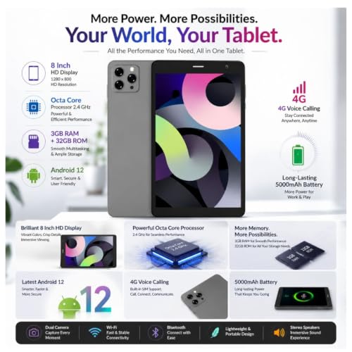 Image of IKALL N16 Tablet (8-Inch HD Display, 3GB RAM, 32GB ROM, 2.4Ghz Octa Core & Android 12, 4G Calling, 4000mAh Battery, 8MP Rear and 5MP Front Camera, Wi-Fi+Voice Calling, Grey)