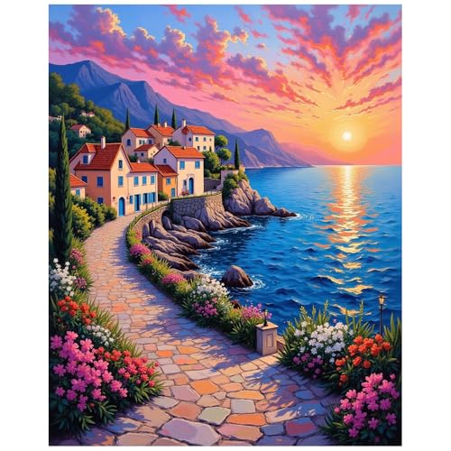 EnLvYY Coastal Village Paint by Numbers Kit for Adults, DIY Acrylic Painting on Canvas 16x20 Inch, Seaside Sunset with Houses and Pathway, Unframed, Gift for Travel and Beach Lovers