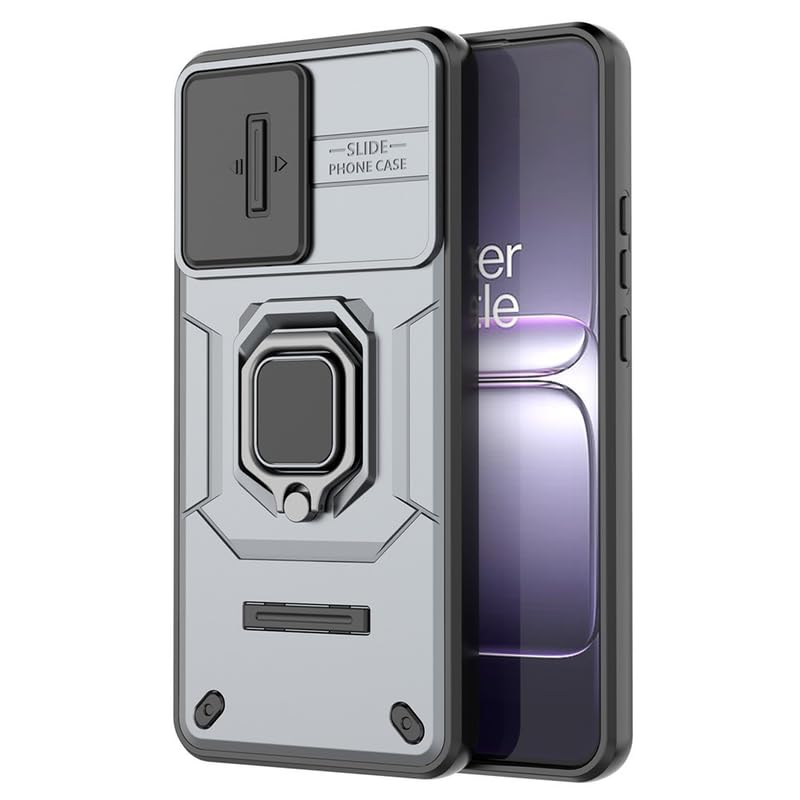 Image of Casodon Heavy Duty Armor Back Case Cover for Oneplus Nord CE 5 5G - Magnetic Kickstand Ring with Camera Shutter Protection, Rugged Bumper Hard Back Cover for Oneplus Nord CE 5 5G (PC & TPU|Silver)