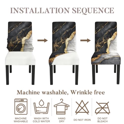 Image of Black Marble Dining Chair Covers Set of 4, Gold Vein Slipcovers