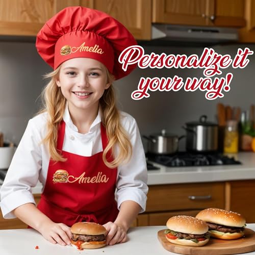 Personalized Kids Chef Hat, Custom Cinnamon Kids White Chef Hat and Apron, Customized Toddler Chef Hat, Elastic Band Junior Chef Hat for Kitchen, Kids Kitchen Gear - White, Black, Red, Purple, Pink