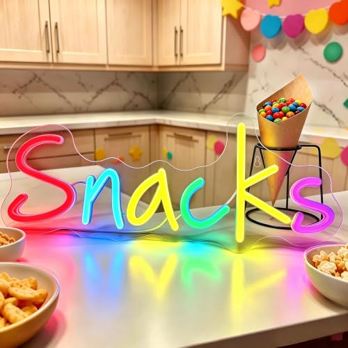 Image of Snacks LED Neon Sign 14.17 Inch USB Wall Decor Light for Snack Bar Kitchen | 10 Level Dimmable | Acrylic Silicone Build | Full Mount Hardware | Low Voltage Safe, Fit Mancave Home Theater Multicolor