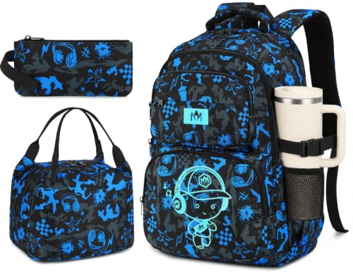 Bluboon Kids Backpack Boys Camo Bookbag Teens Elementary School Bag Daypack Travel Back Pack Middle school (Blue -3pcs)