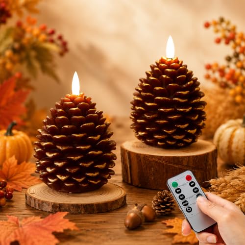 JOIONE Pinecone Flameless Candles 2 Pack Fall Decor with Remote