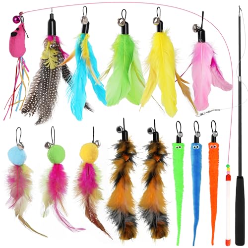 WD&CD Jouet à Plumes pour Chats 16Pcs, Rétractable Canne a Peche Jouet Bâtons de Baguette avec Pendentif Souris en Peluche, Grelots à Plumes, Interactifs...