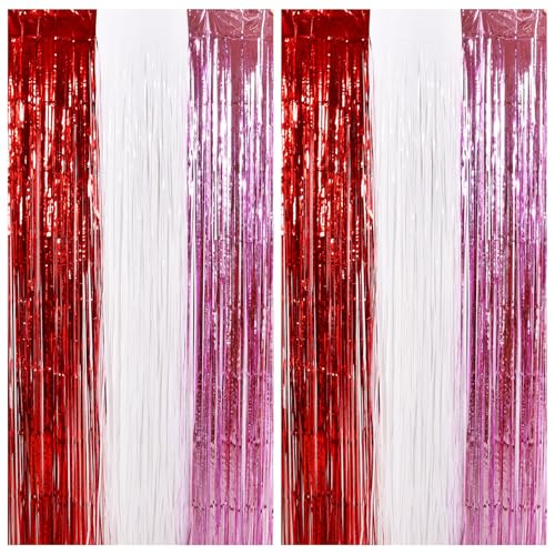 Image of TONIFUL Valentine's Day Door Streamers,Red Pink and White Photo Booth Backdrop Metallic Streamers Foil Fringe Curtain for Birthday Valentine's Day Bridal Shower Engagement Party Decoration