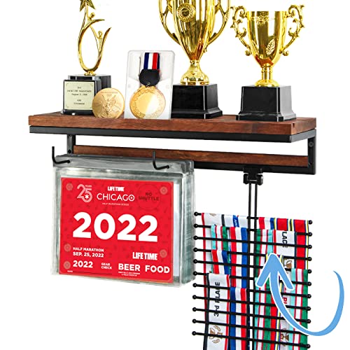 VIEWAY Colgador de pared para medallas de maratón con soporte de baberos, estante de trofeos y ganchos, 50 bolsas abatibles - MK817A