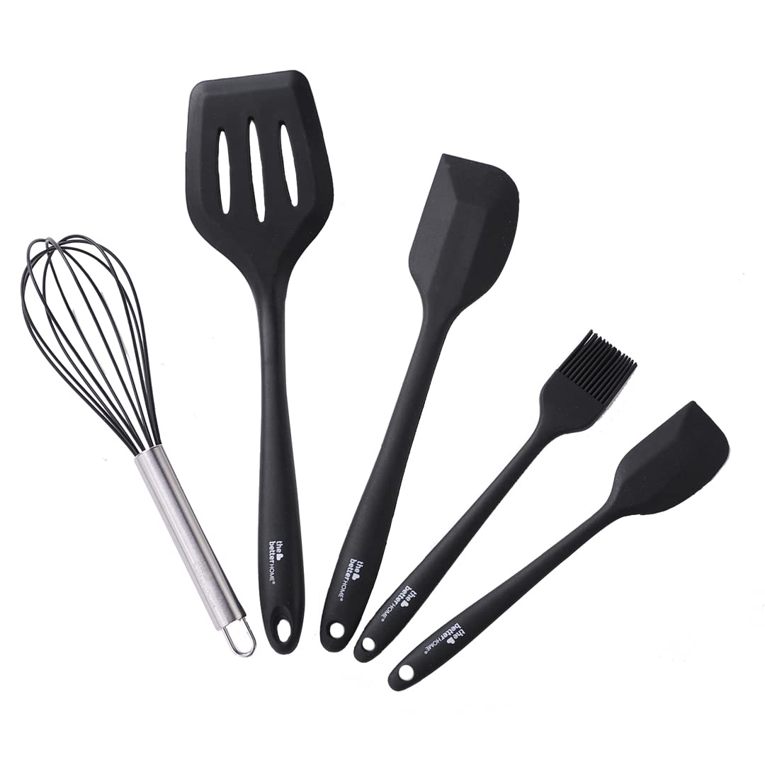 The Better Home Silicon Spatula Set for Non Stick Pans | Heat Resistant, Durable, Flexible Cookware Set | BPA Free & Odourless Non Stick Utensil Set for Cooking (Pack of 5) The Better Home Silicon Spatula Set for Non Stick Pans | Heat Resistant, Durable, Flexible Cookware Set | BPA Free & Odourless Non Stick Utensil Set for Cooking (Pack of 5)