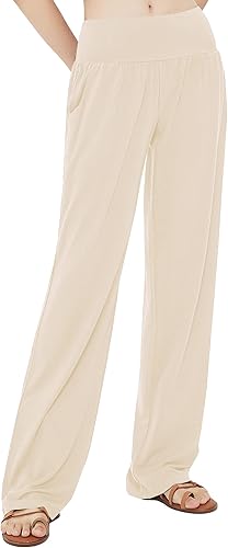 Urban CoCo Pantalones de yoga cómodos para mujer, pantalones casuales de pierna ancha, pantalones elásticos de cintura alta con bolsillos