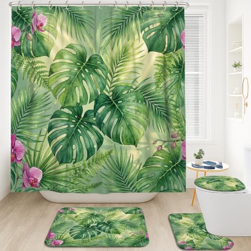 Rideau de douche Monstera polyester imperméable et tapis anti-éclaboussures 183 cm