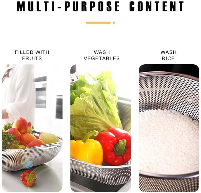 Image of Kreshu Multi-Functional Rectangular Stainless Steel Basket with Handle| Colander Metal Strainer for Draining Vegetable Fruit Noodles Pasta Beans Grains Washing Filter Bowl Storing Purpose(Pack of 1)