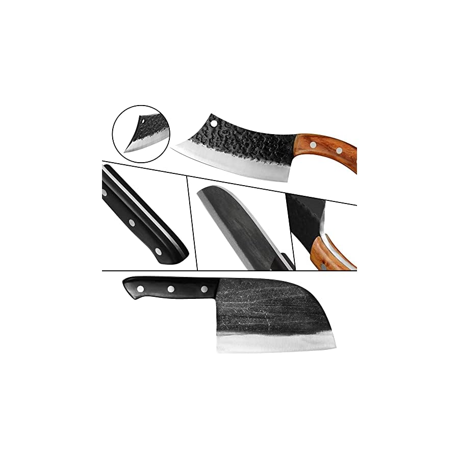 XYJ Full Tang Handmade Forged Serbian Chef Knife 6.7 Inch Butcher Knives 6.2 inch Boning Knife for Camping Hunting with Leather Sleeves