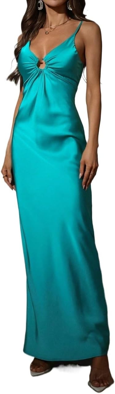 Women's 2025 Casual Cami Slip Dress V-Neck Hollow-Out Long Spaghetti Strap Party Dress