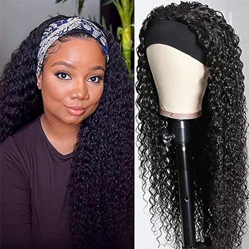 Image of XSY 30 Inch Headband Wig Human Hair Deep Wave Glueless None Lace Front Wigs for Black Women 150% Density Curly Long Headband Wig Natural Color
