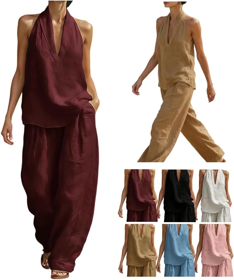 Women's Casual and Cozy Minimalist Linen Two-Piece Set Linen V-Neck Sleeveless Top and Wide Leg Pants Set