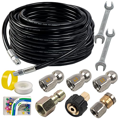 Hourleey Sewer Jetter Kit for Pressure Washer 50FT, Drain Cleaner Hose 1/4 Inch NPT, Orifice 4.0 Button Nose and Rotating Sewer Jetting Nozzle Spanner Tape Pearl Corsage Pin, 4000 PSI by Hourleey - Used condition - US$32.94