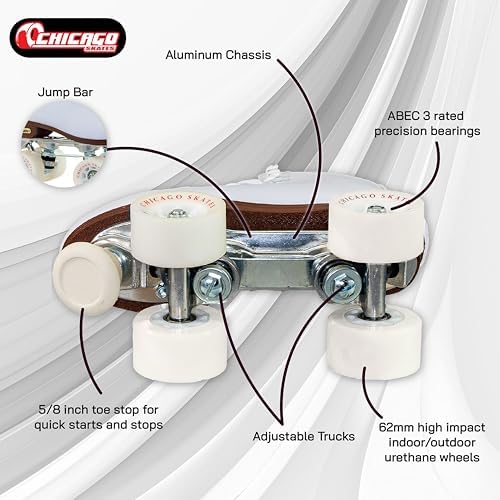 Chicago Quad Roller Skates for Girls & Boys – Durable, Top Performance Indoor/Outdoor Use or Roller Derby - Classic Deluxe Leather High-Top Boots with 60mm Urethane Wheels & Semi-Precision Bearings