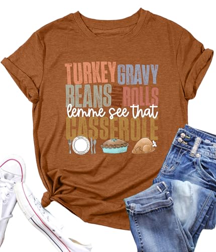 Image of Thanksgiving Shirts Women Turkey Gravy Beans and Rolls Tshirts Funny Turkey Graphic T-Shirt Family Thanksgiving Tops