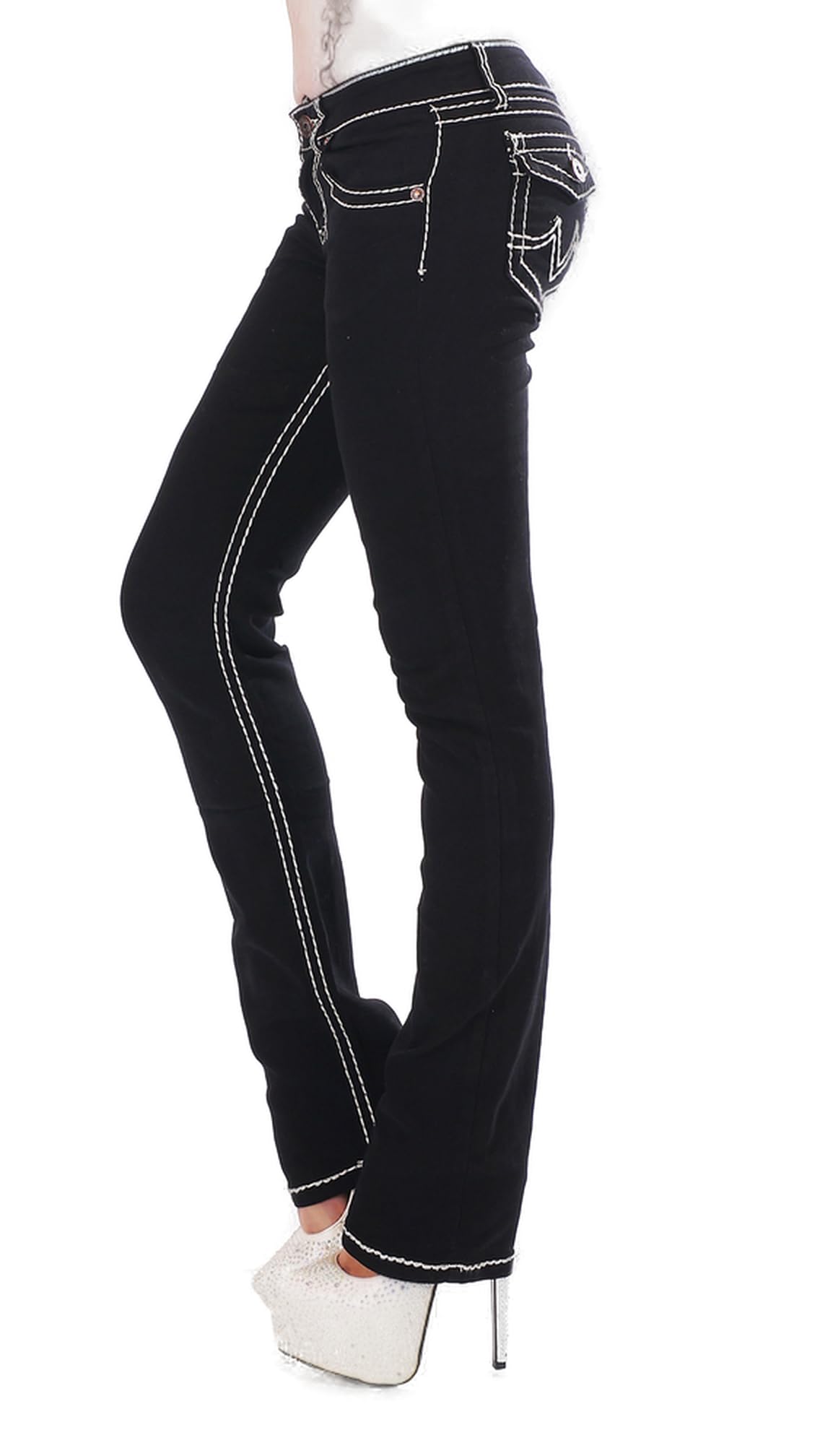 Miss RJ Jeans Women's Skinny Jeans Flap Pocket Thick Stitching Jeans, black, 12