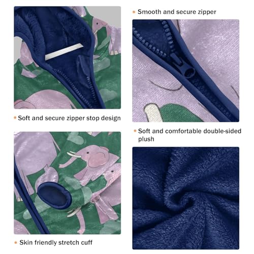 Elephant Pattern on Green Toddler Fleece Jacket Girl Boys Hooded Fleece Jacket Coat Warm Outwear Zip-up 3-10T3