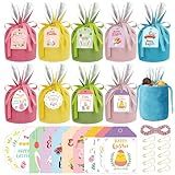 Kuvarix 10 Stück Ostertüten zum Befüllen, Ostersäckchen Samtbeutel Set mit Ohren, Osterbeutel Stoff & 10 Geschenkanhänger & Seil, Dekorative Geschenktüten Ostern für Ostereier Süßigkeiten