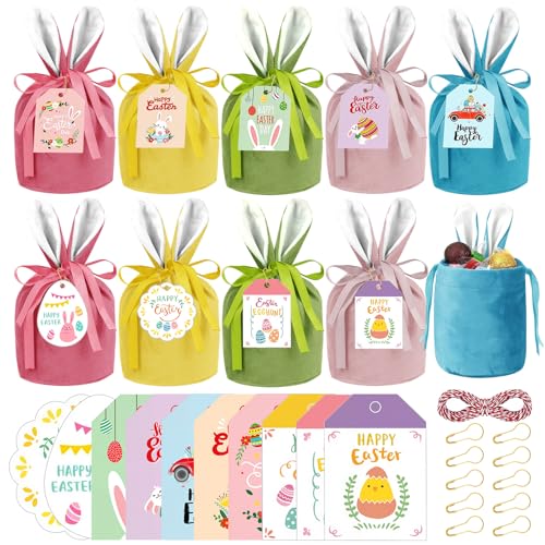 Kuvarix 10 Stück Ostertüten zum Befüllen, Ostersäckchen Samtbeutel Set mit Ohren, Osterbeutel Stoff & 10 Geschenkanhänger & Seil, Dekorative Geschenktüten Ostern für Ostereier Süßigkeiten