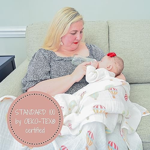 Image of LollyBanks Baby Blankets 2 Pack, 100% Cotton Soft Muslin Swaddle Blanket for Boys and Girls, 47 x 47 Inches Lightweight and Breathable Newborn Receiving Blankets, Registry (Hot Ballons and Blue)