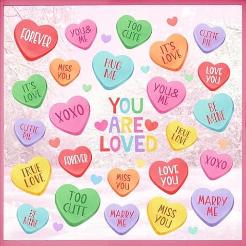 Mfault Valentines Day Colorful Love Hearts Window Clings 4 Sheets, You are Loved Romantic Words Stickers Decals School Classroom Decorations, Anniversary Home Kitchen Decor Party Supplies Cover