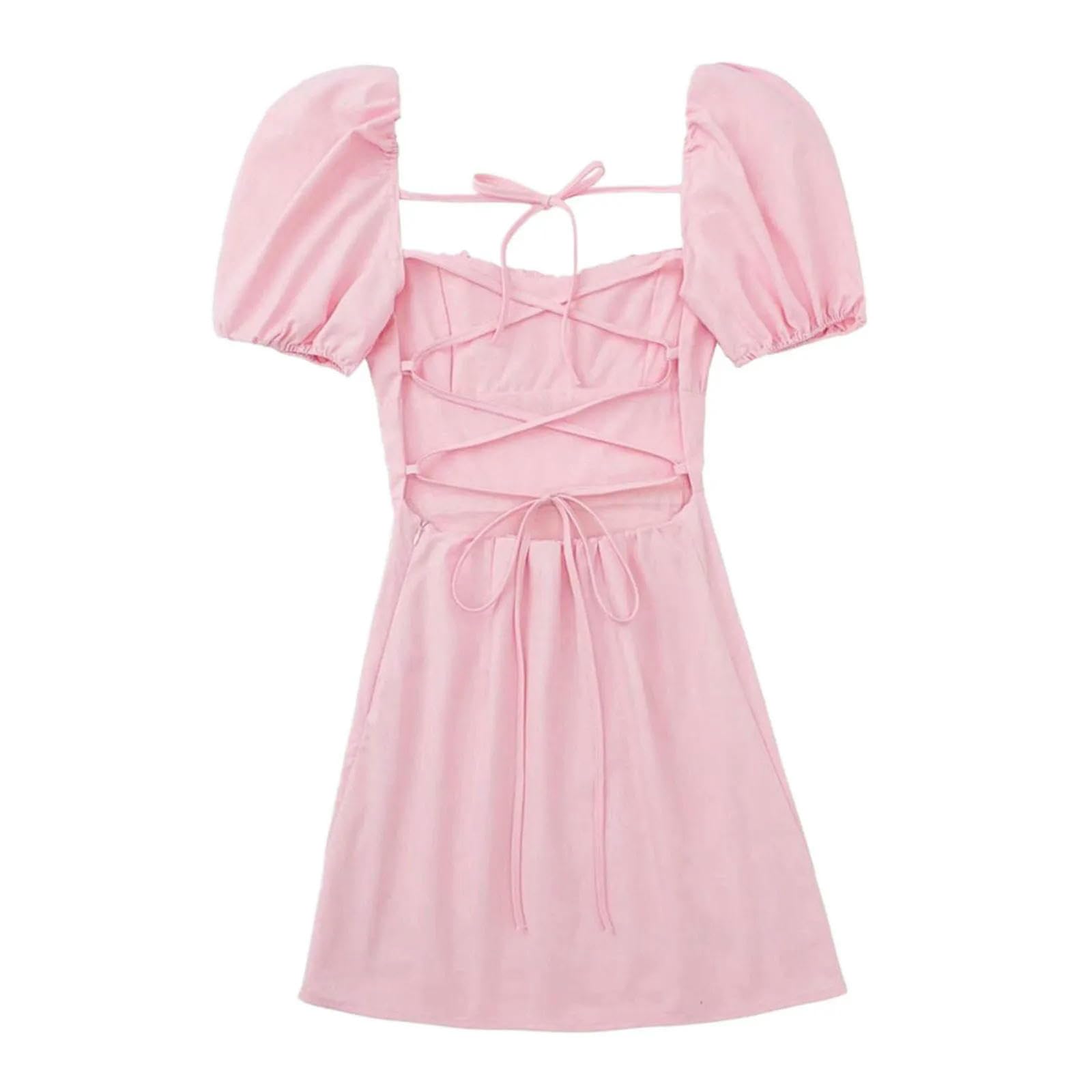 Vestidos de Mujer Manga de Cuello Cuadrado Moda de Verano Vestido Plisado Encogido en el Pecho sin Tirantes