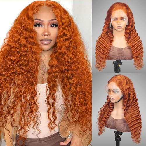 Ginger Deep Wave Lace Front Wigs Human Hair 13x4 Curly Orange Colored Lace Frontal Wig 200 Density Pre Plucked with Baby Hair HD Transparent Lace Glueless 350 Color Wig Bleach Knots 22 Inch