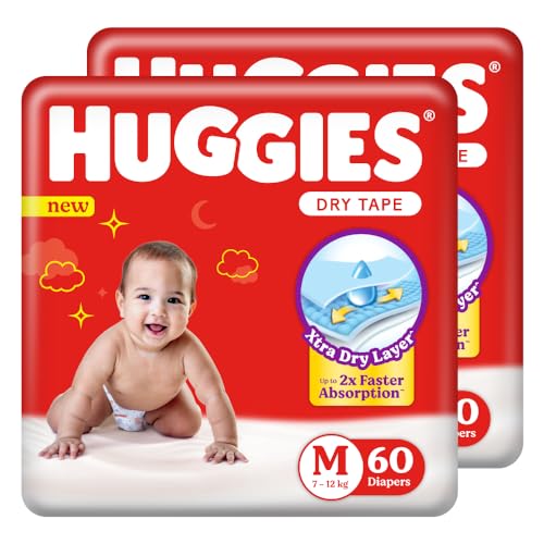 Image of Huggies Complete Comfort Dry Tape Medium (M) Size Baby Tape Diapers, 120 count with 5 in 1 Comfort (60 Count, Pack of 2)