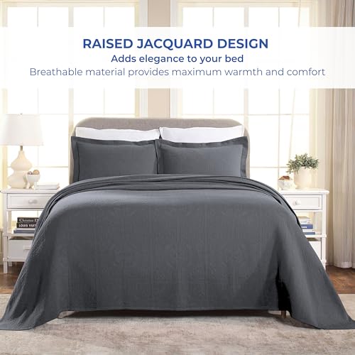 Superior Cotton Fleur De Lis Bedspread Set, Warm Blankets, All-Season Bedding, Bedroom Decor, Decorative Boho Medallion Coverlet, Includes 1 Bedspread, 2 Pillow Shams, Queen, Grey