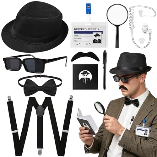 10Pcs Detective Costume Set Detective Accessory Kit with Fedora Hat Fake Mustache Bow Tie Suspenders Earpiece Sunglasses Id Card Magnifier Notebook Invisible Ink Pen for Adults Halloween Cosplay