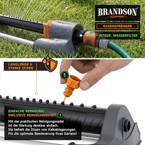 Brandson - Rasensprenger Viereckregner 3/4 Zoll – 16 Düsen – für große Flächen Reichweite 15 Meter – Einstellbare Sprühbreite - Oszillation 20° bis 140° – Garten Rasensprinkler